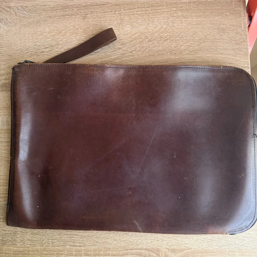 Vintage Leather Brown Zip Document Case Laptop Sleeve Solid Pattern  Double Zip